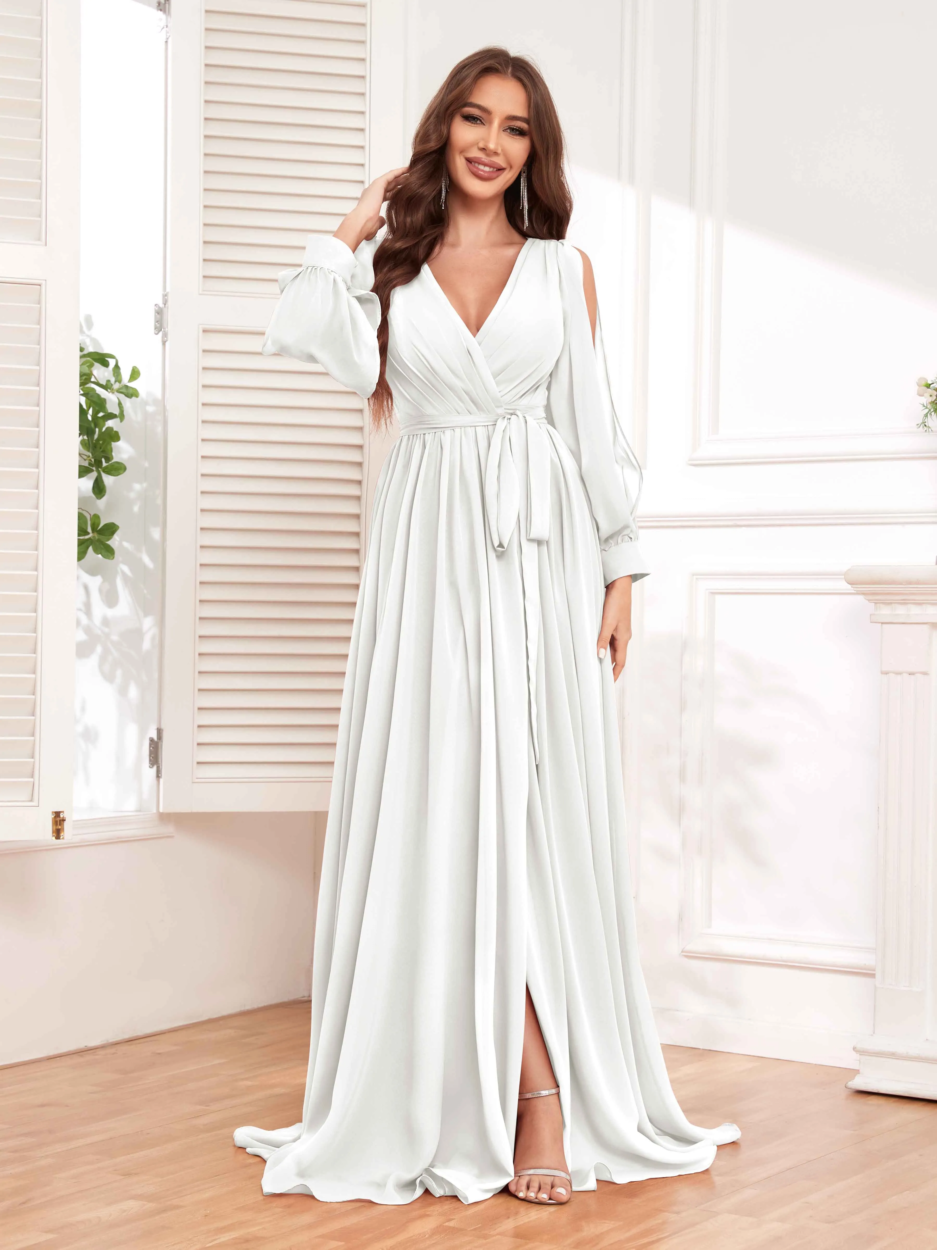 Adaline Flattering Slit Sleeves Long Chiffon Bridesmaid Dresses