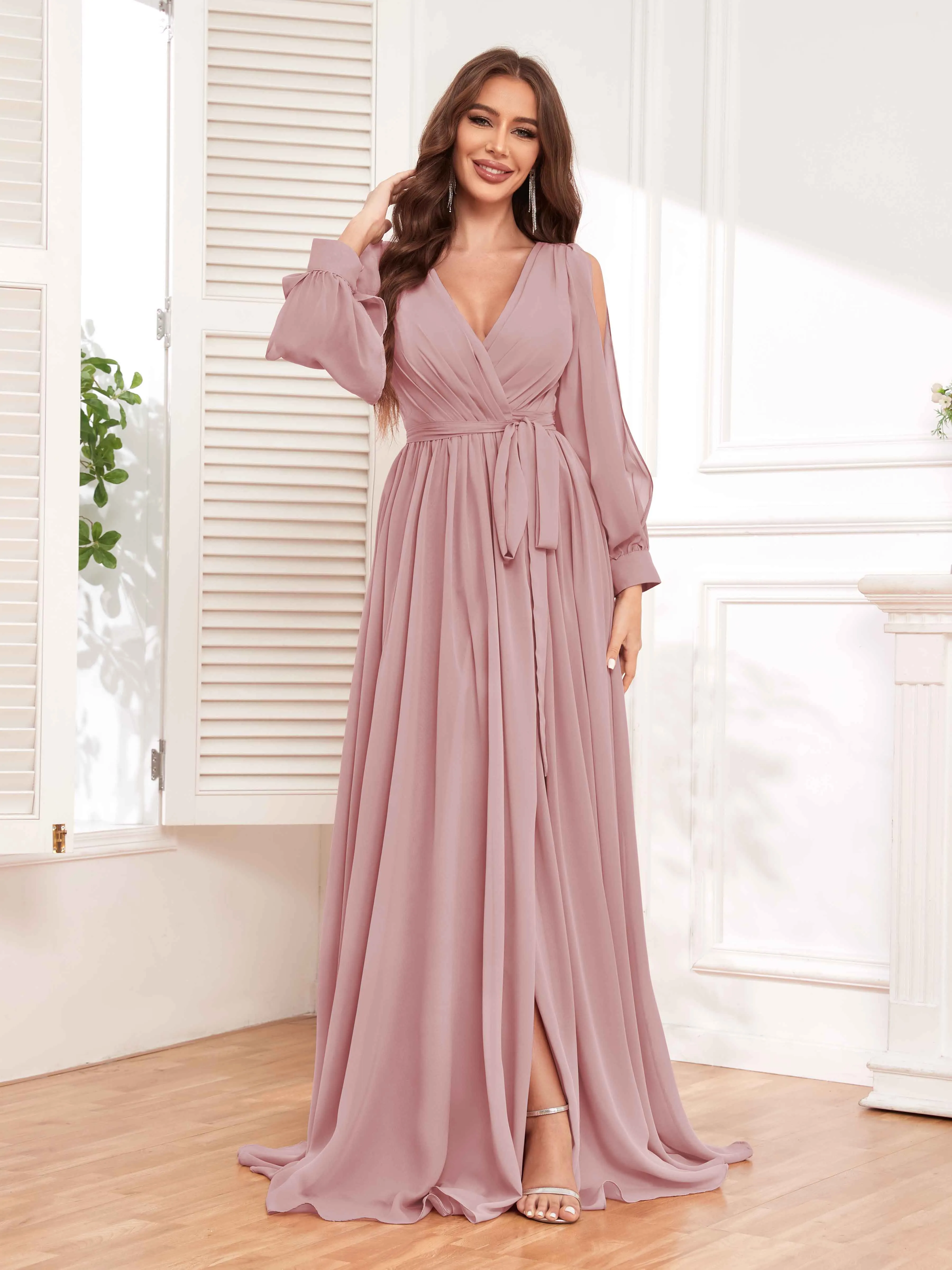 Adaline Flattering Slit Sleeves Long Chiffon Bridesmaid Dresses
