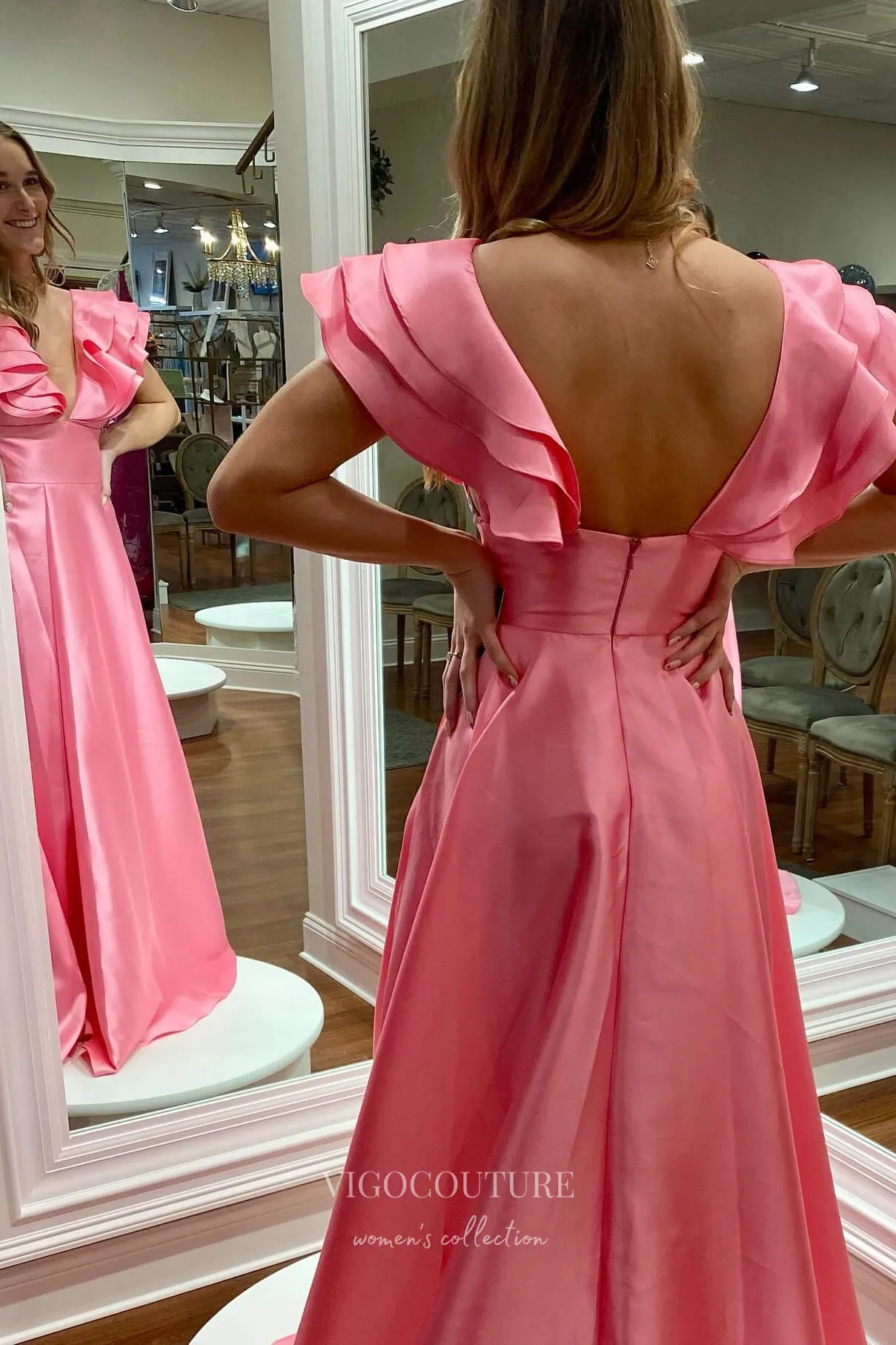 Beautiful Pink Satin Prom Dress with Flattering Slit and Ruffled Shoulder Detail 22191