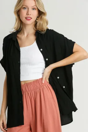 Black Short Sleeve Textured Button-Up Shirt