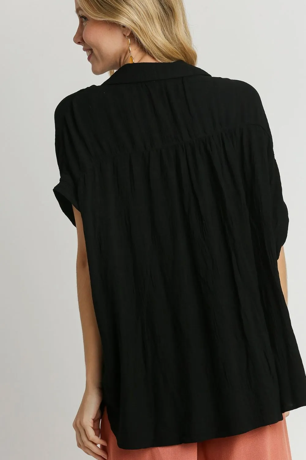 Black Short Sleeve Textured Button-Up Shirt