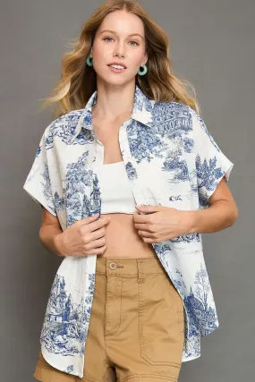 Blue Toile Print Button-Up Short Sleeve Shirt