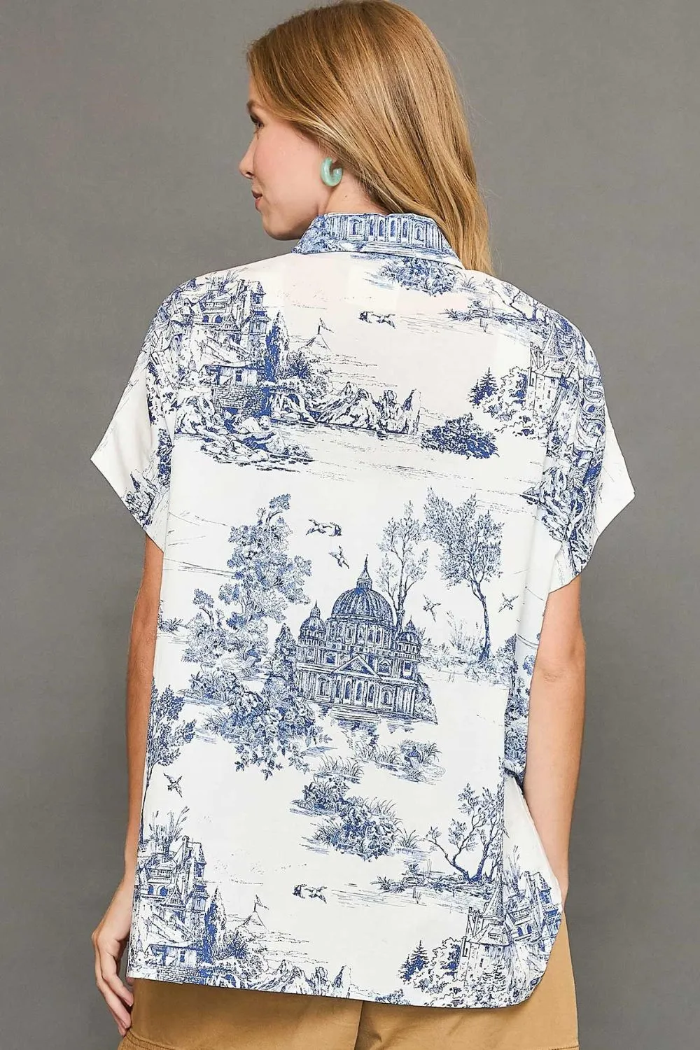 Blue Toile Print Button-Up Short Sleeve Shirt