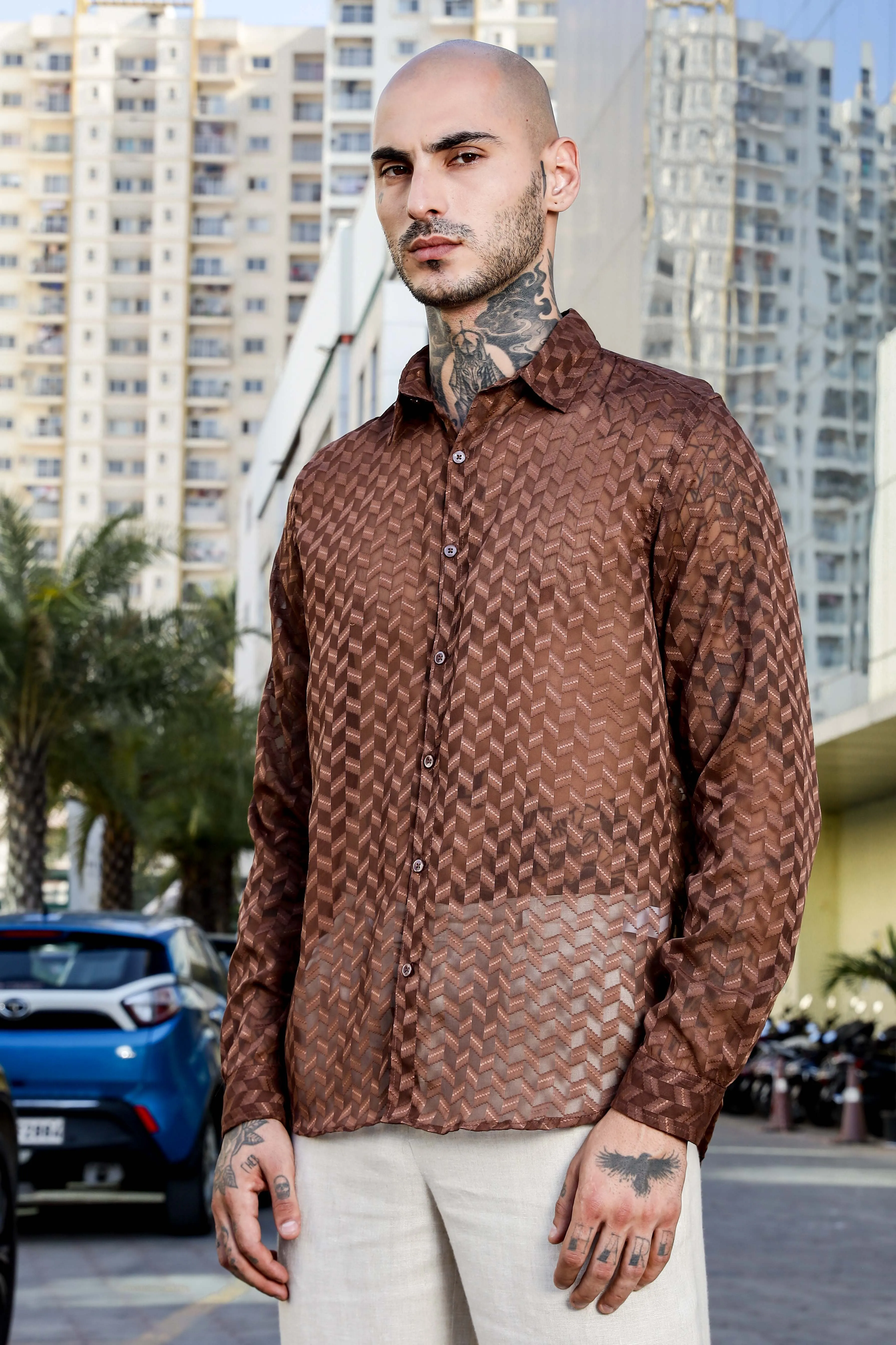 Brown Classic Semi Sheer Georgette Relaxed Fit Shirt