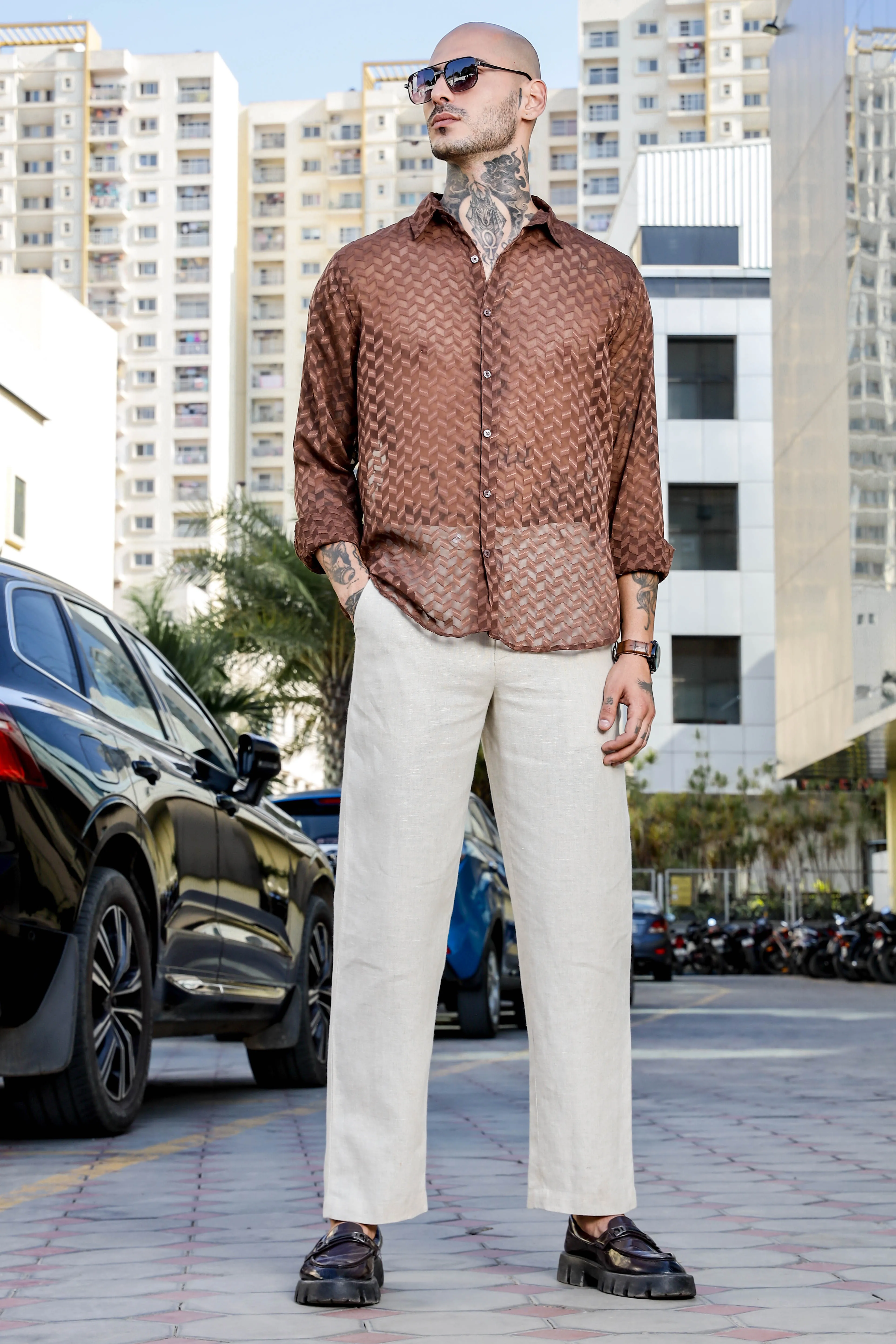 Brown Classic Semi Sheer Georgette Relaxed Fit Shirt