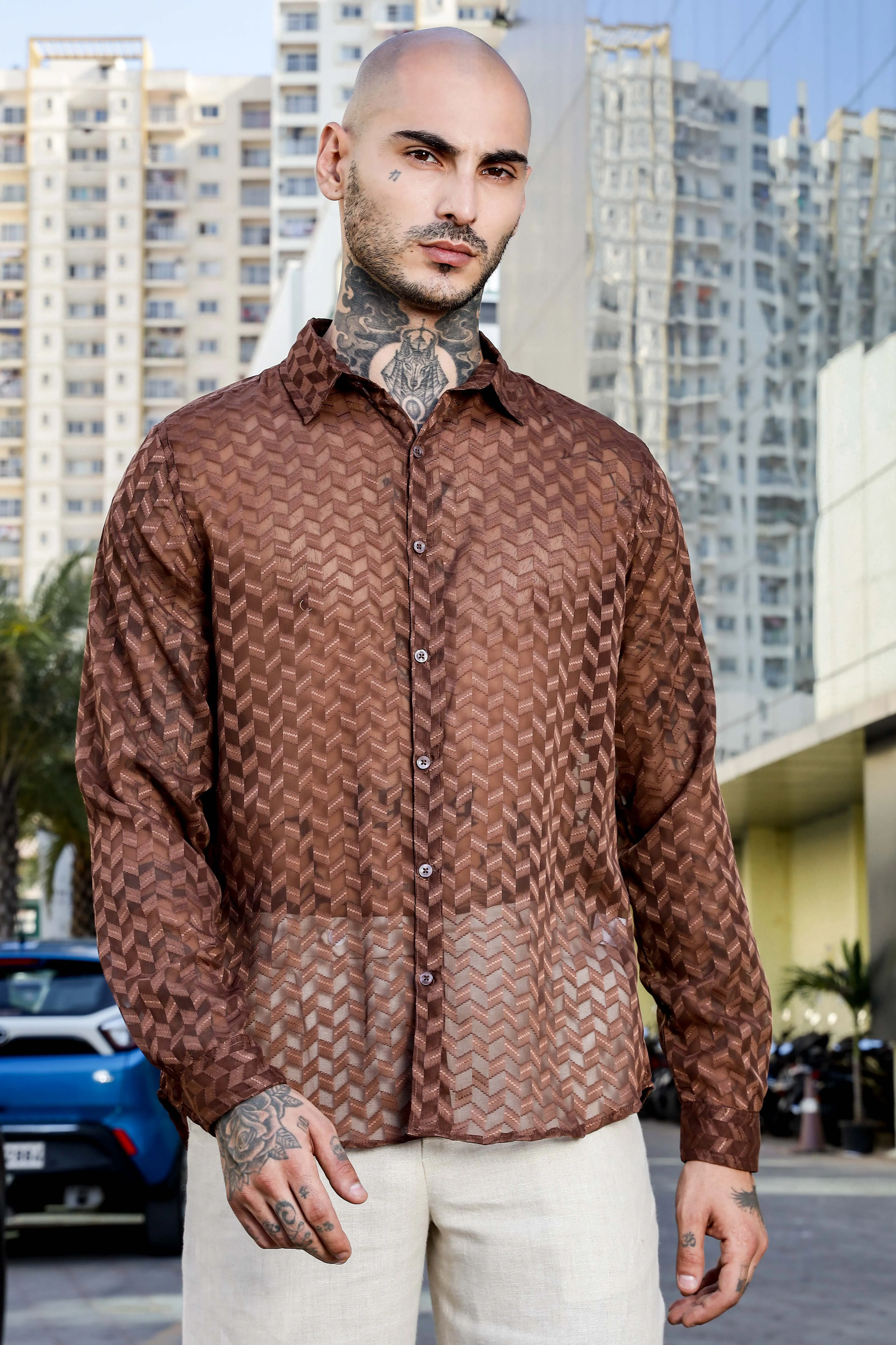 Brown Classic Semi Sheer Georgette Relaxed Fit Shirt
