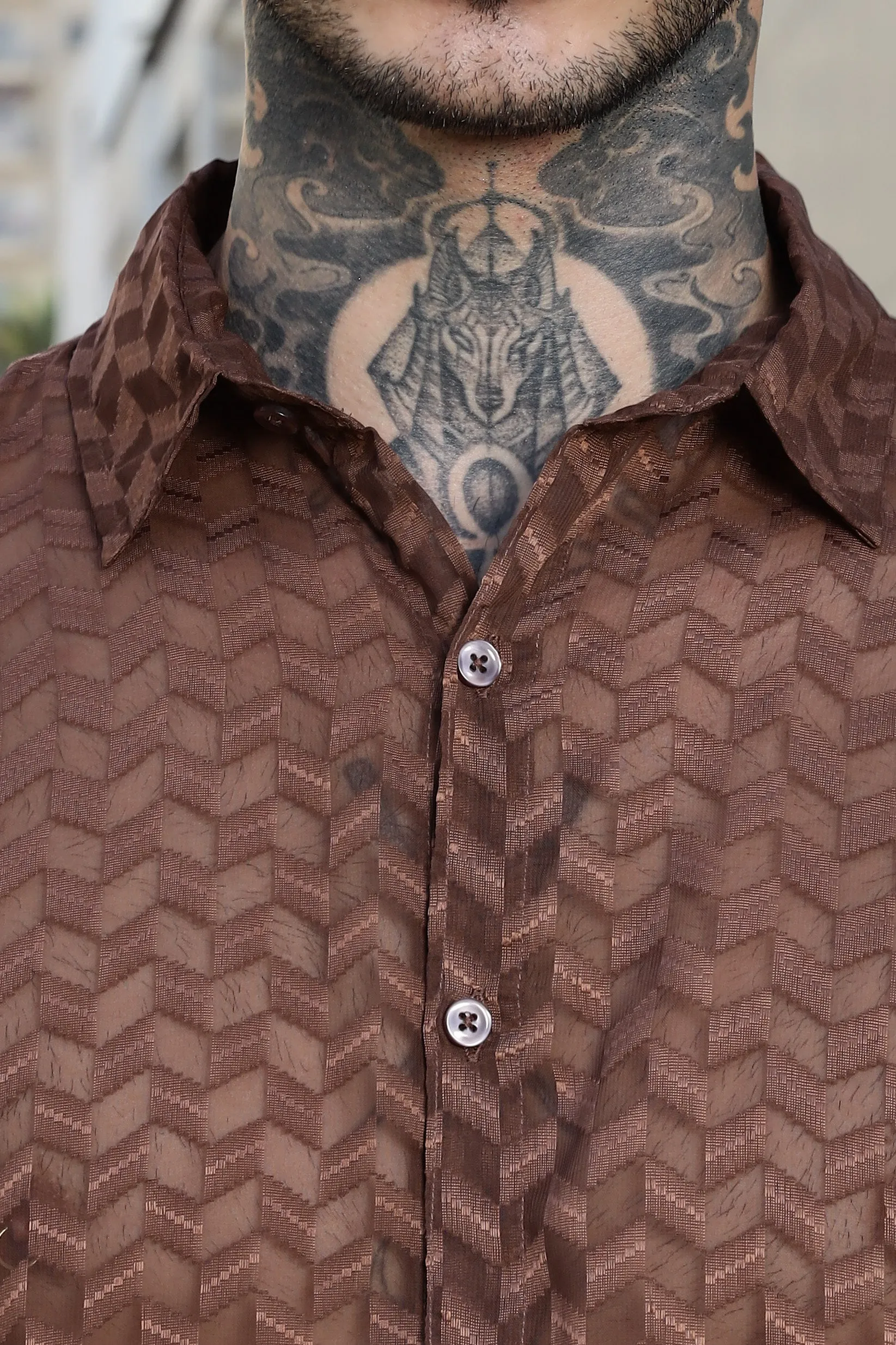 Brown Classic Semi Sheer Georgette Relaxed Fit Shirt