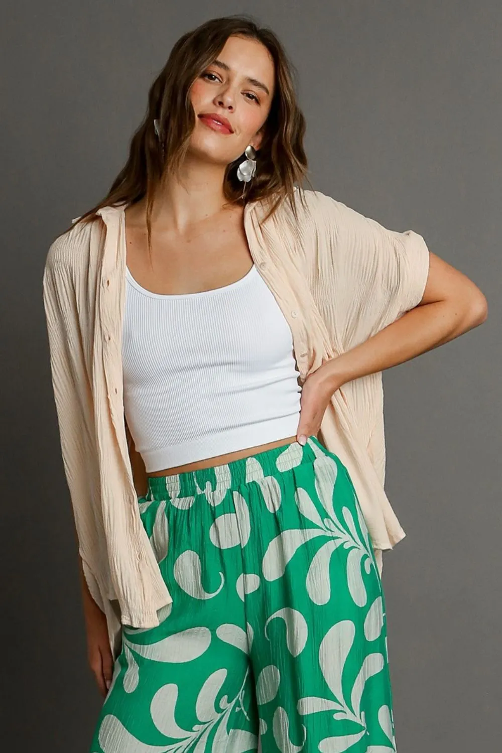 Cream Textured Short Sleeve Button-Up Shirt