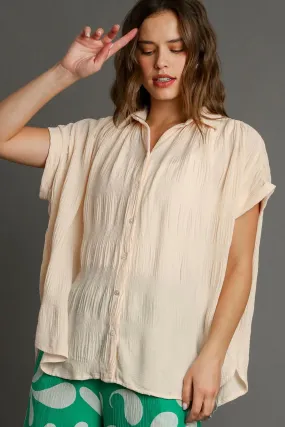 Cream Textured Short Sleeve Button-Up Shirt