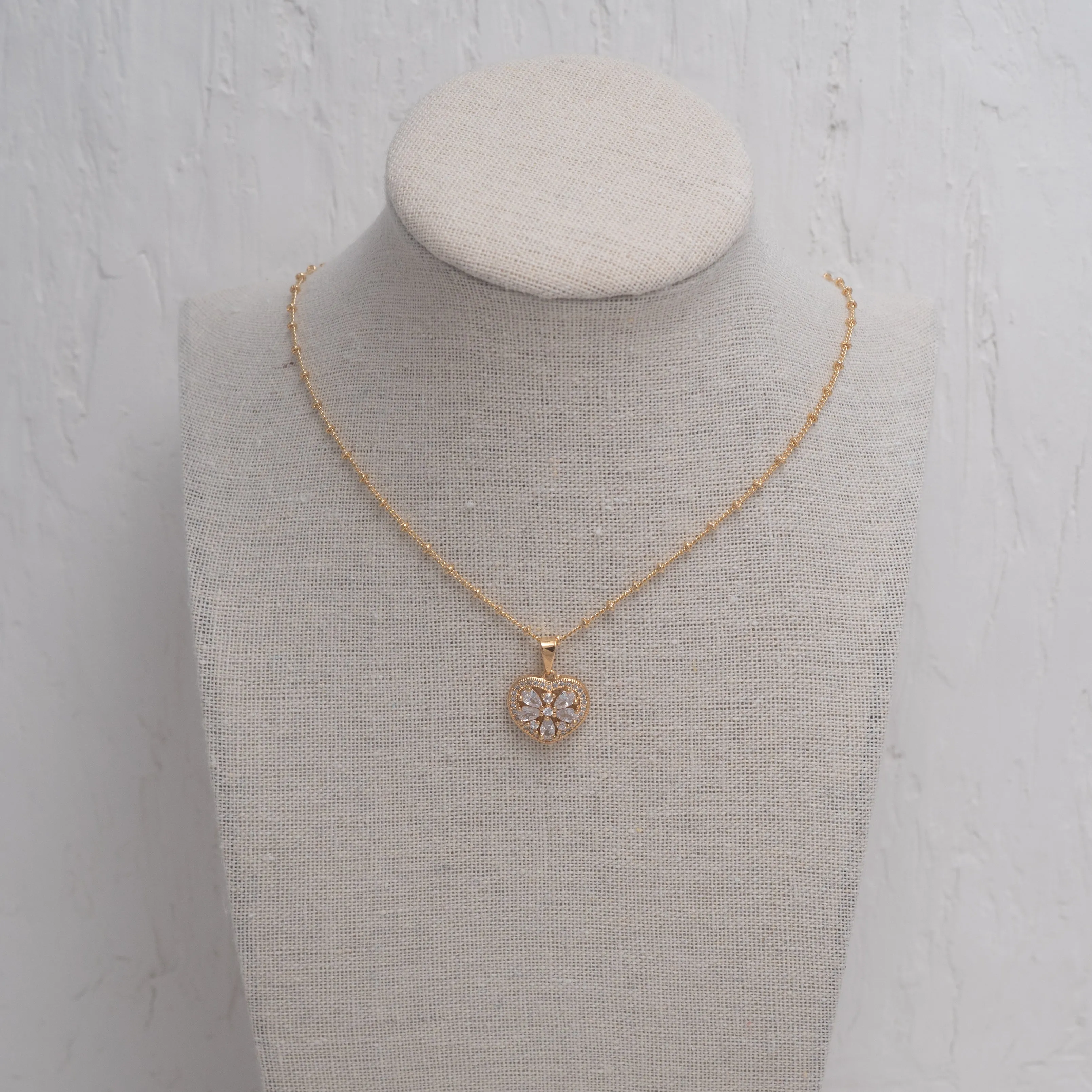 Crystal Heart Flower Charm Necklace