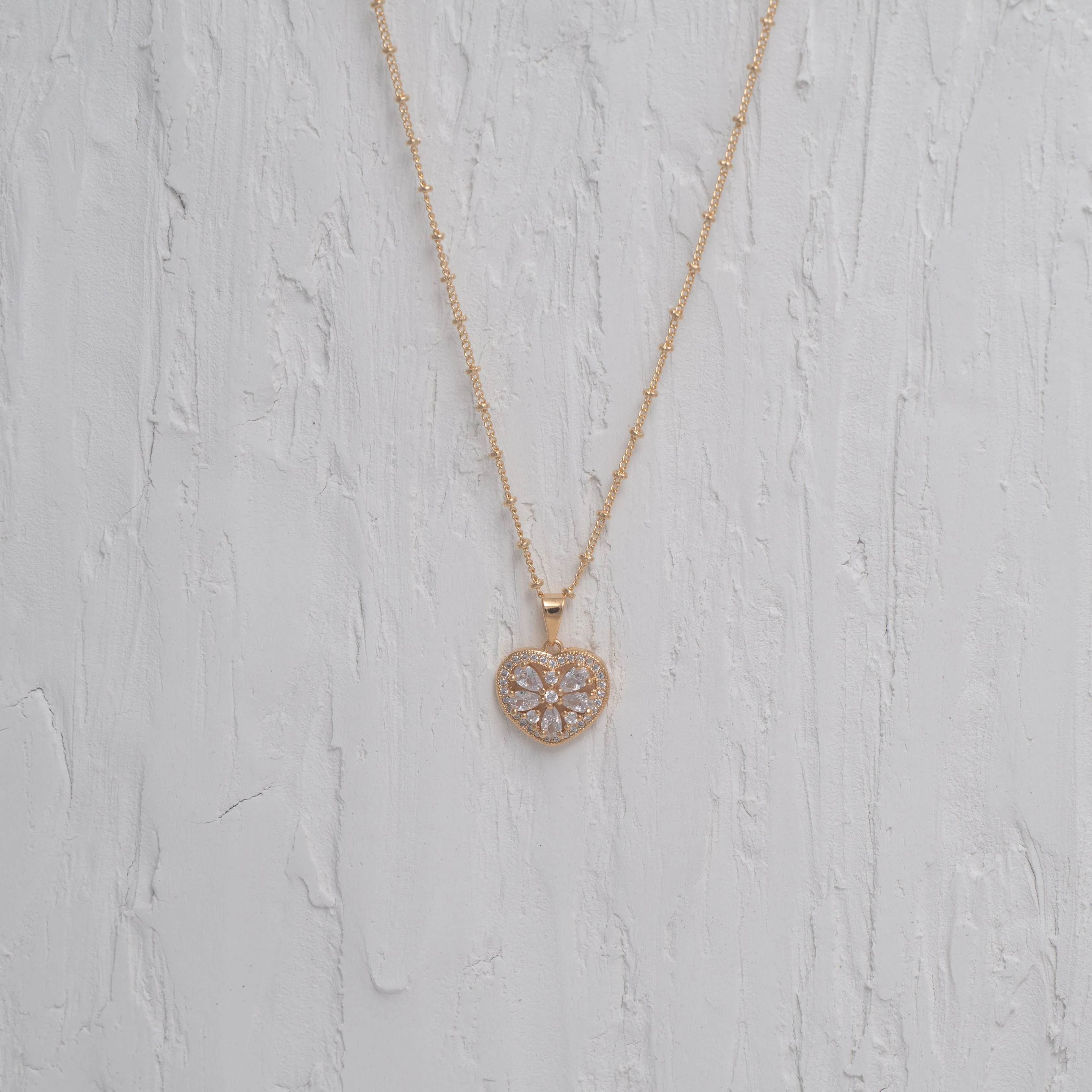 Crystal Heart Flower Charm Necklace