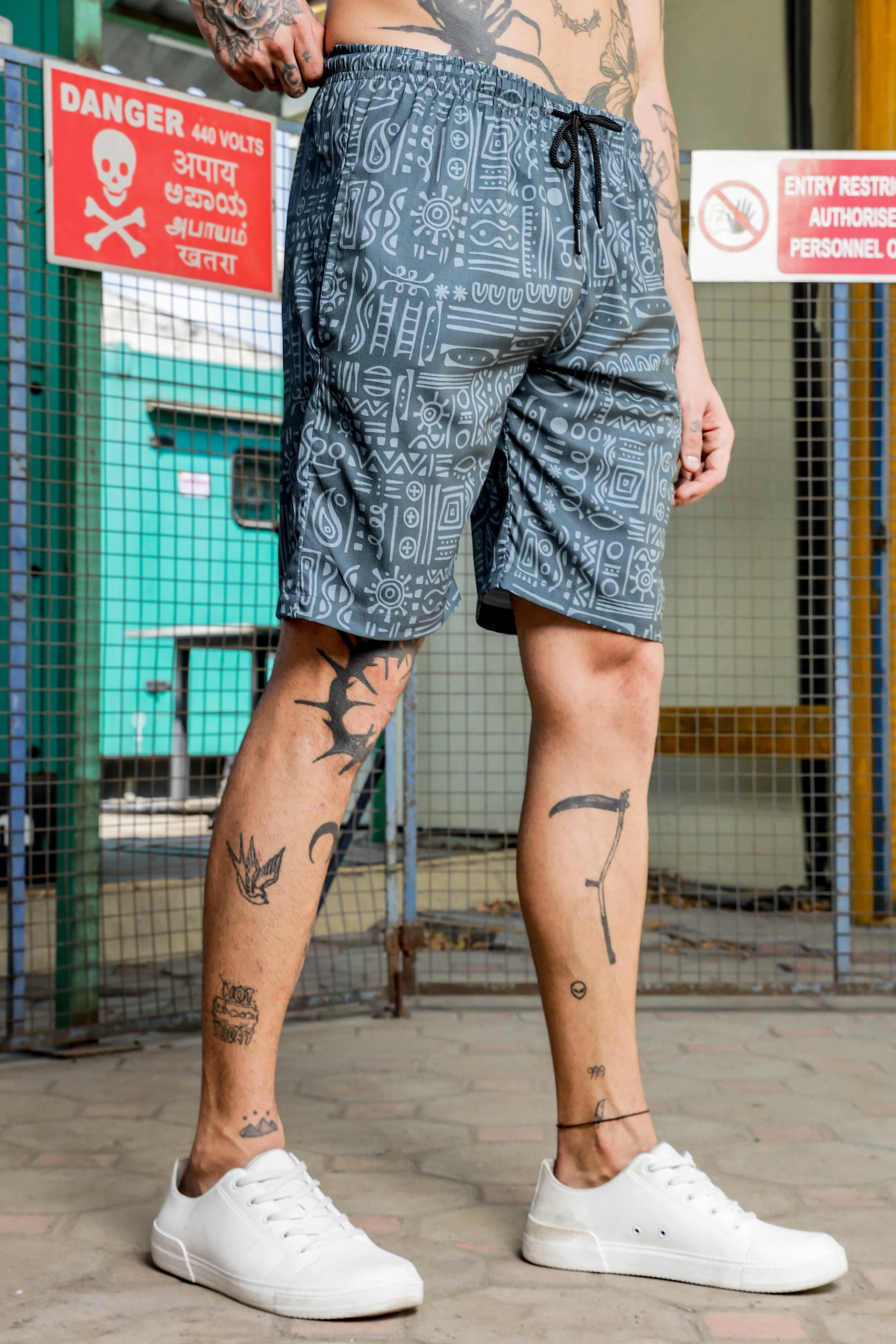 Grey Tribal Print Textured Fabric Relaxed Fit Shorts