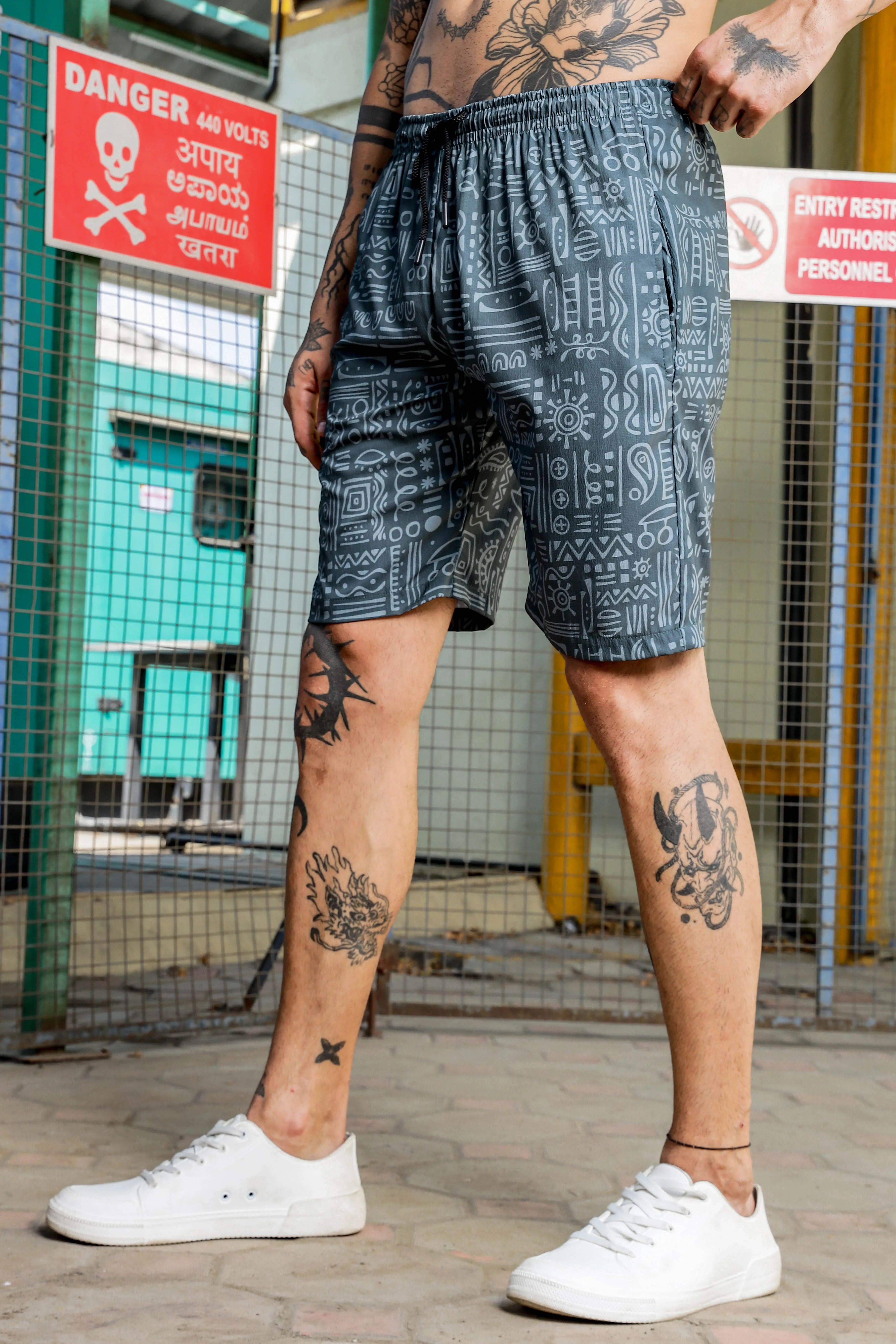 Grey Tribal Print Textured Fabric Relaxed Fit Shorts