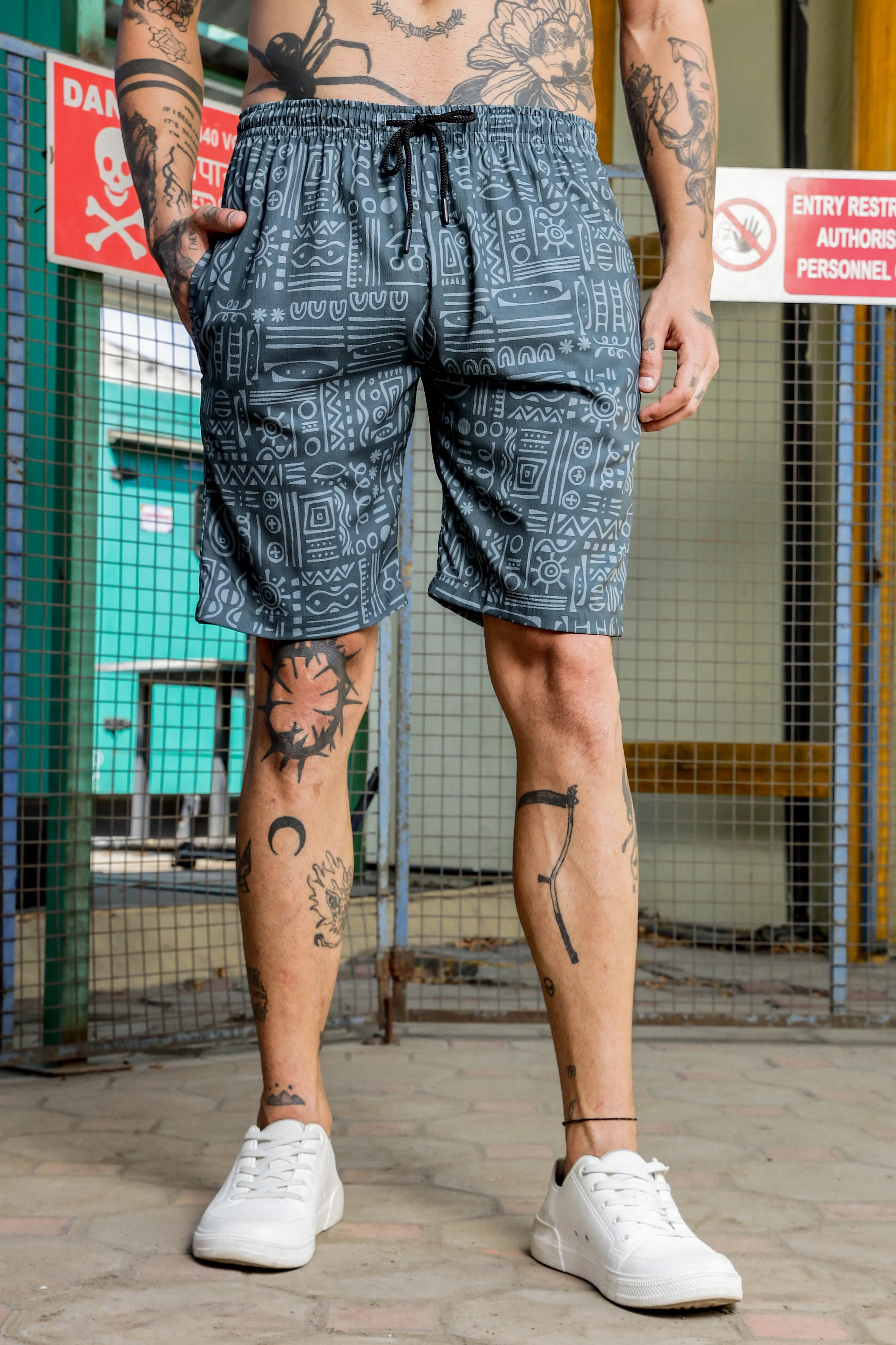 Grey Tribal Print Textured Fabric Relaxed Fit Shorts