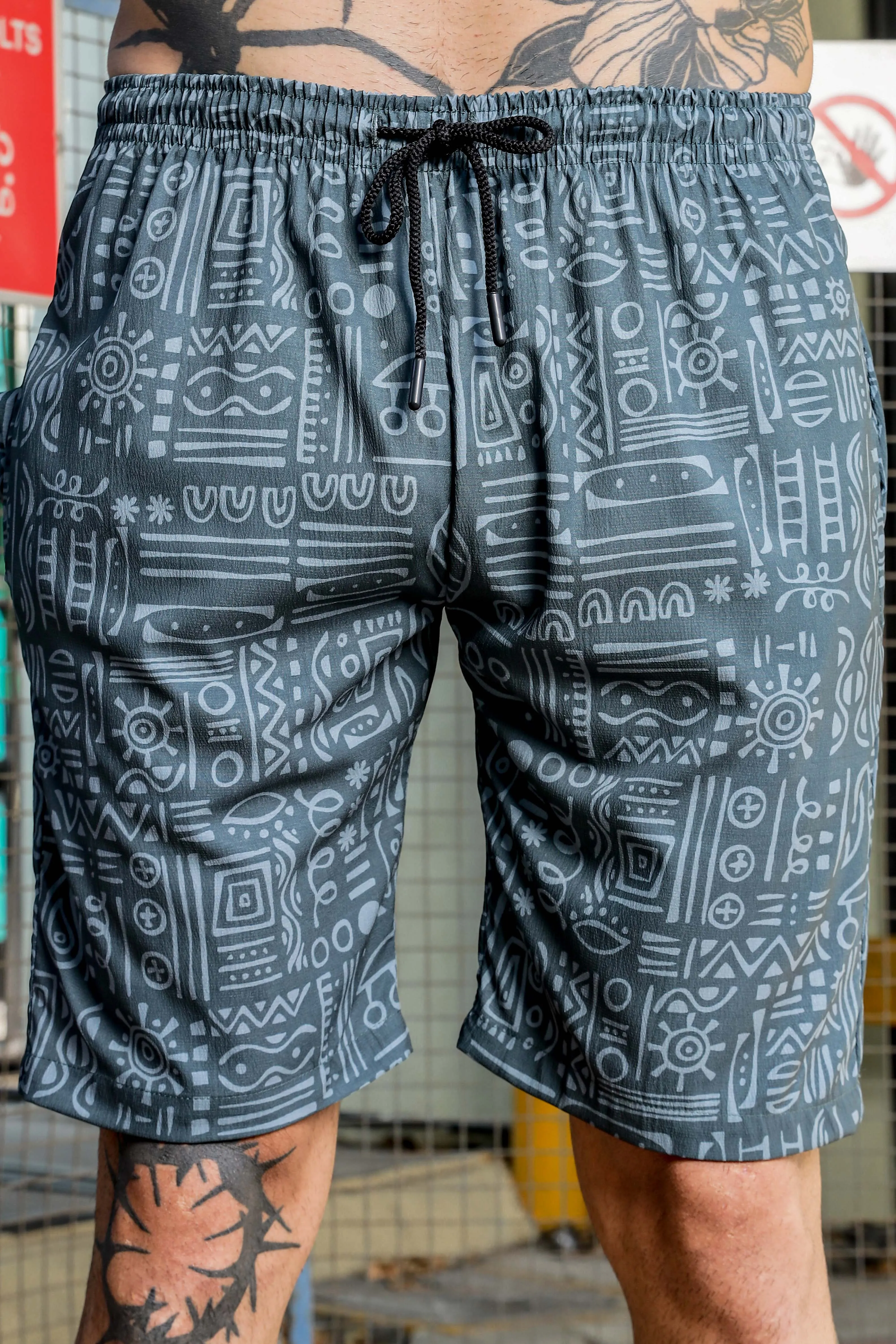 Grey Tribal Print Textured Fabric Relaxed Fit Shorts