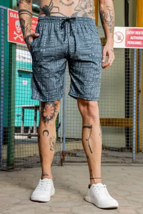 Grey Tribal Print Textured Fabric Relaxed Fit Shorts