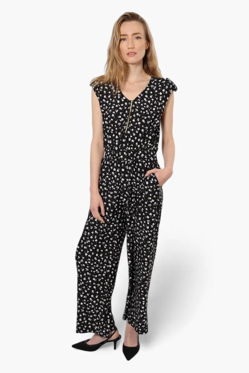 Limite Floral Front Zip Jumpsuit - Black