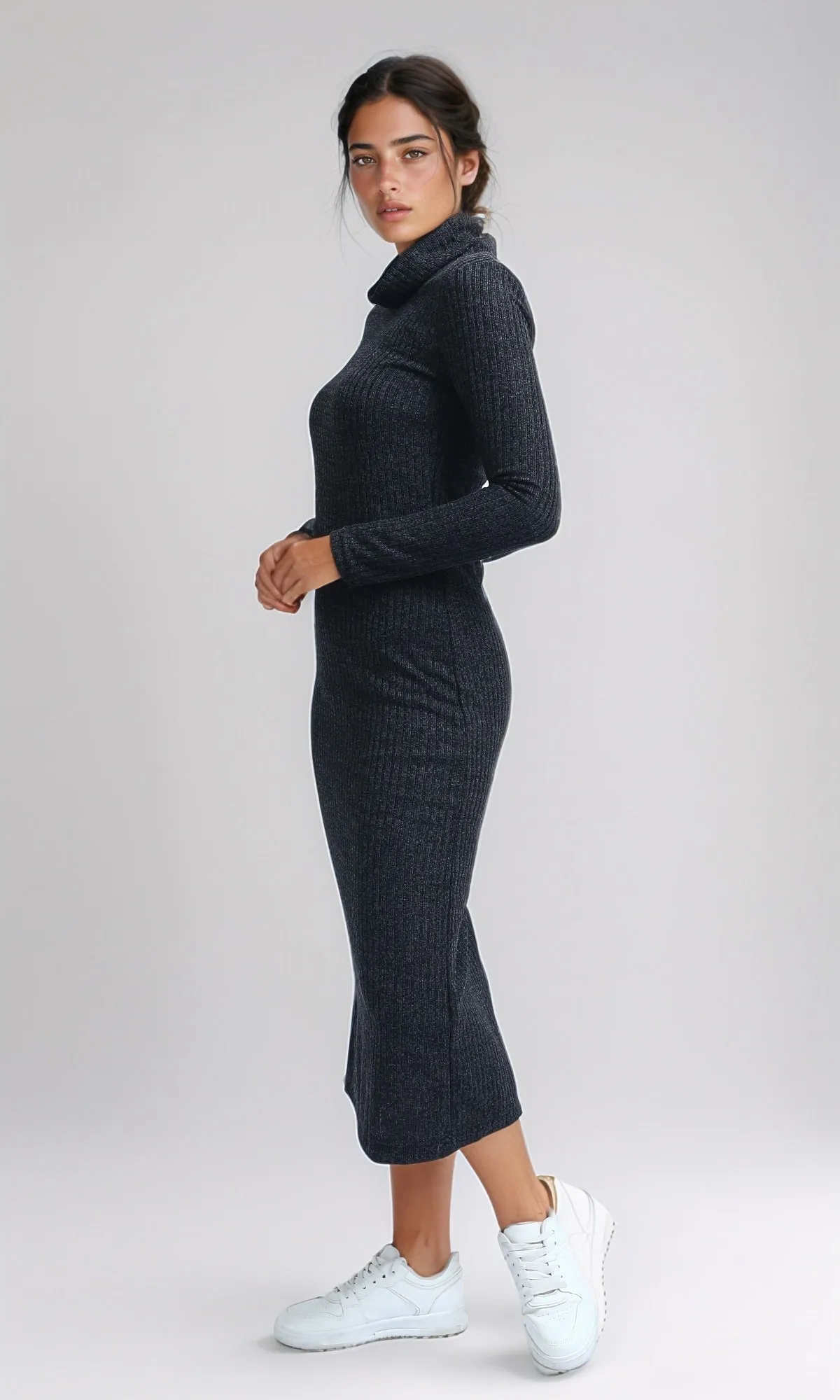 O201116 - Feminine Mock Neck Bodycon Dress - Heather Dark Grey