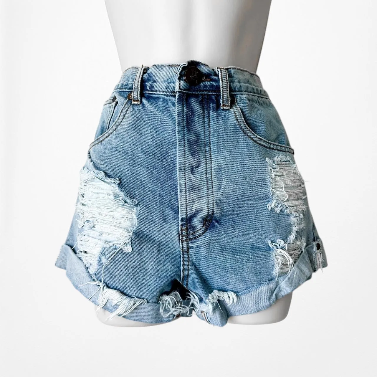 Oneteaspoon Medium Wash Destroyed Distressed High Waisted Denim Shorts Size XS/S