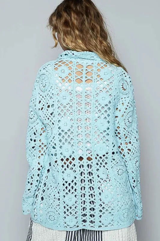 ONLINE EXCLUSIVE POL Crochet Button Up Cardigan with Chest Patch Pockets