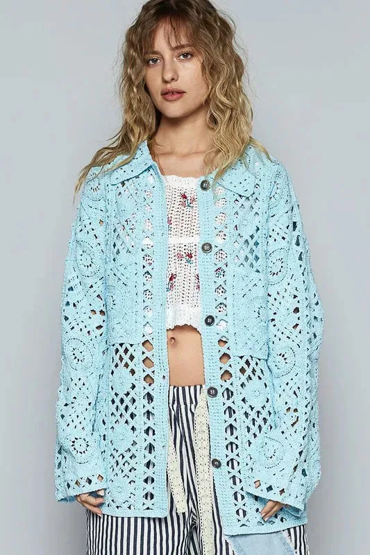 ONLINE EXCLUSIVE POL Crochet Button Up Cardigan with Chest Patch Pockets