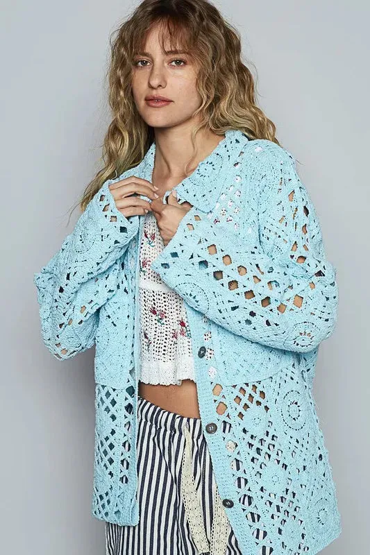 ONLINE EXCLUSIVE POL Crochet Button Up Cardigan with Chest Patch Pockets