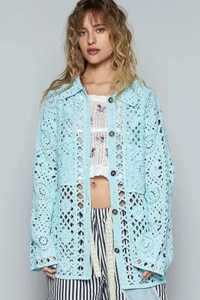 ONLINE EXCLUSIVE POL Crochet Button Up Cardigan with Chest Patch Pockets