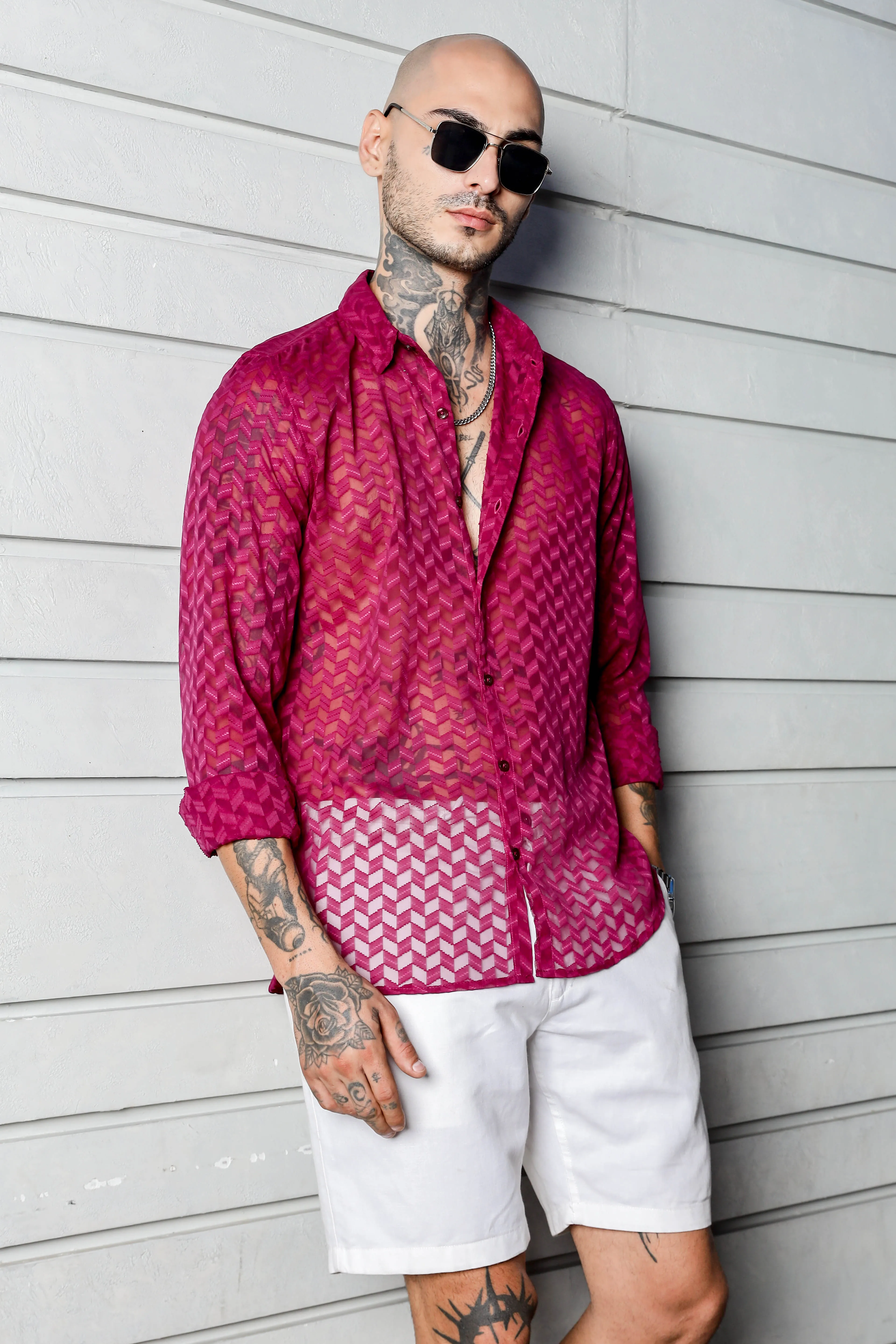 Pink Classic Semi Sheer Georgette Relaxed Fit Shirt