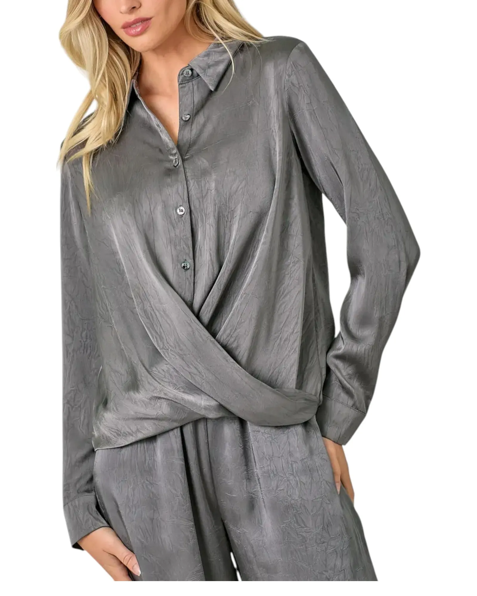 Smoke Show Crinkle Satin Twist Front Blouse