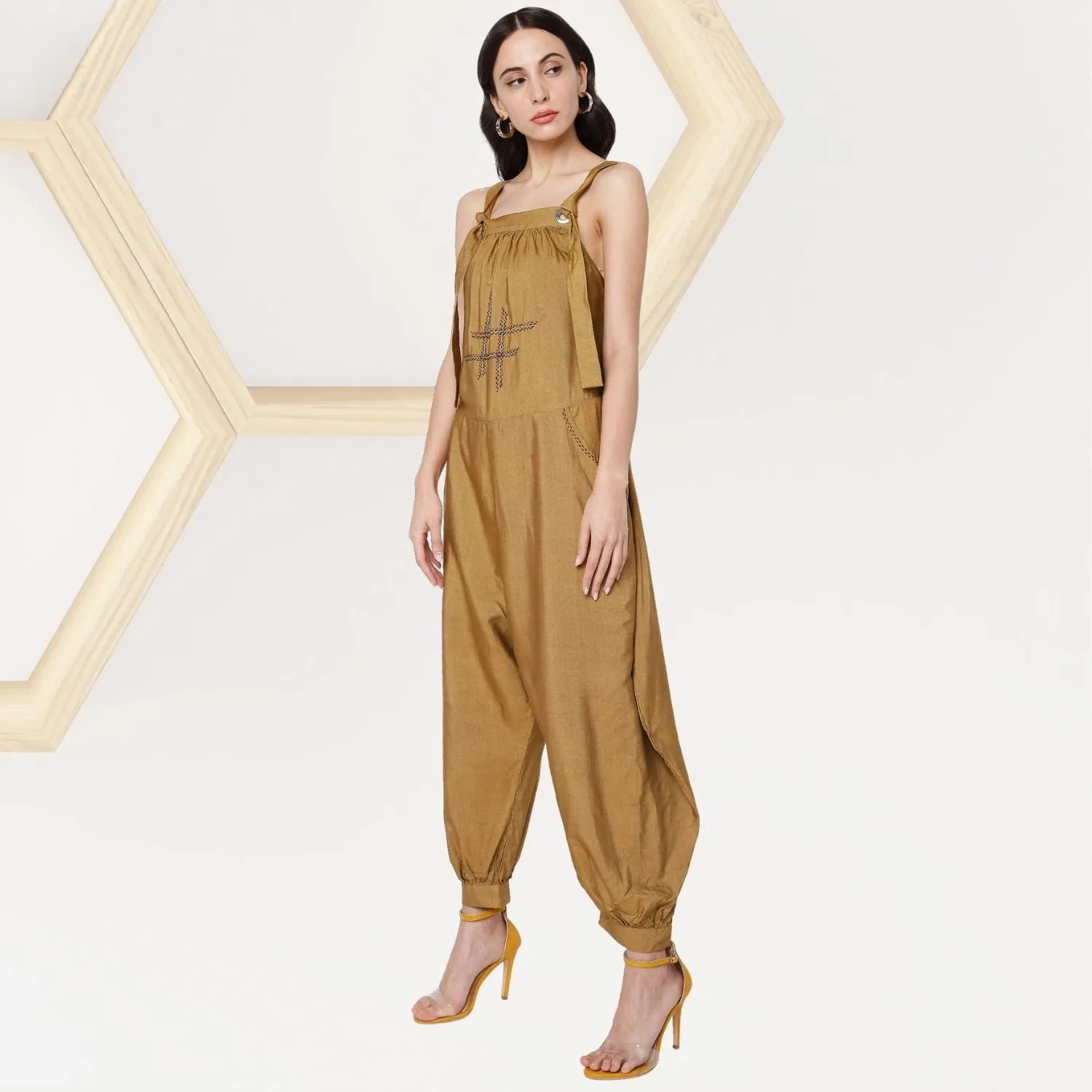 Steffi Tussar Silk Baggy Style Dungaree | Hand-Embroidered | Uber-Chic | Golden Brown
