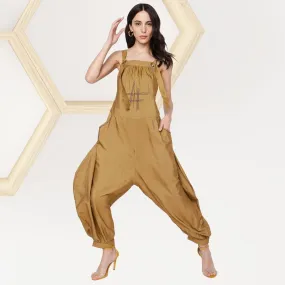 Steffi Tussar Silk Baggy Style Dungaree | Hand-Embroidered | Uber-Chic | Golden Brown