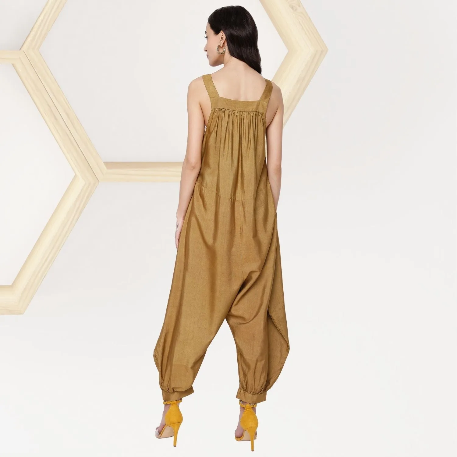 Steffi Tussar Silk Baggy Style Dungaree | Hand-Embroidered | Uber-Chic | Golden Brown