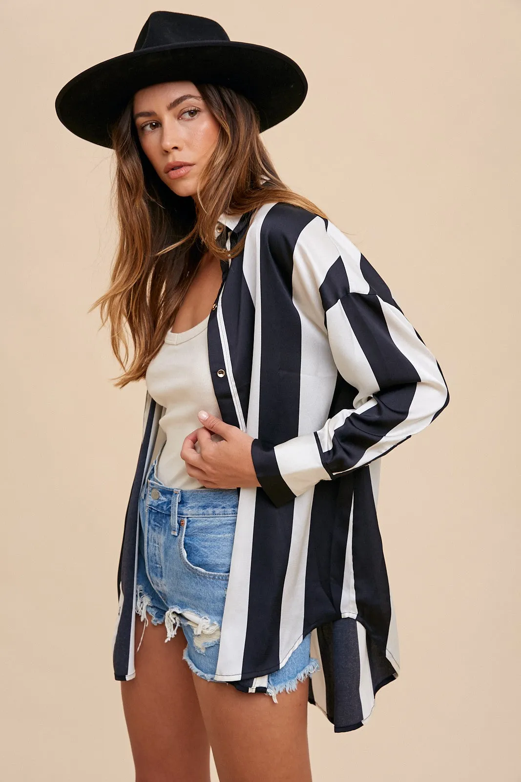 Striped Dropped Shoulder Button-Up Shirt