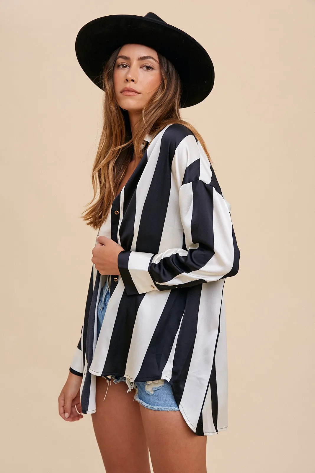 Striped Dropped Shoulder Button-Up Shirt