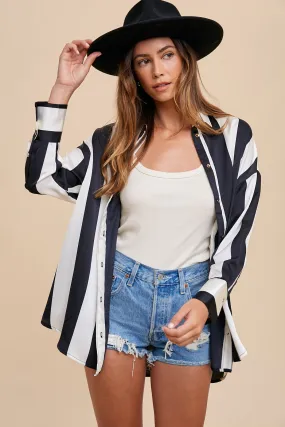 Striped Dropped Shoulder Button-Up Shirt