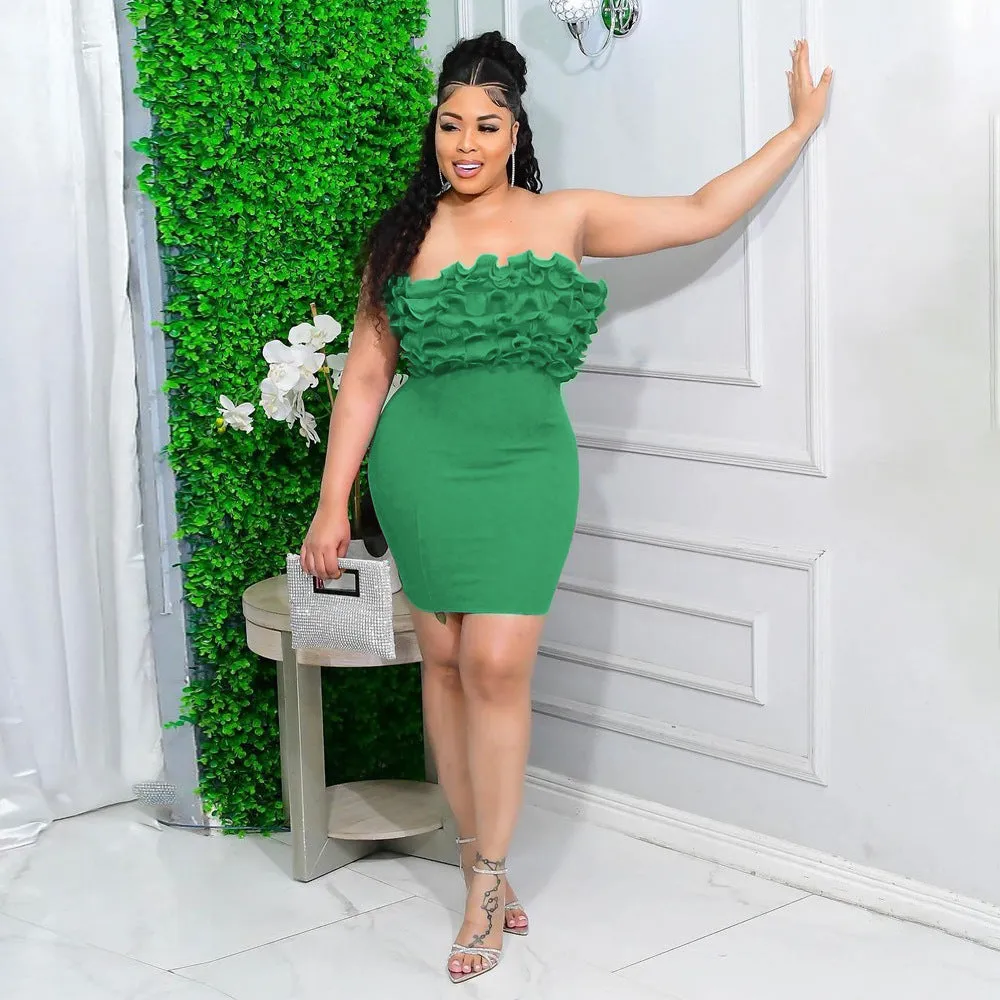 Tube Top Pleated Lace Sheath Dress Women Product Solid Color